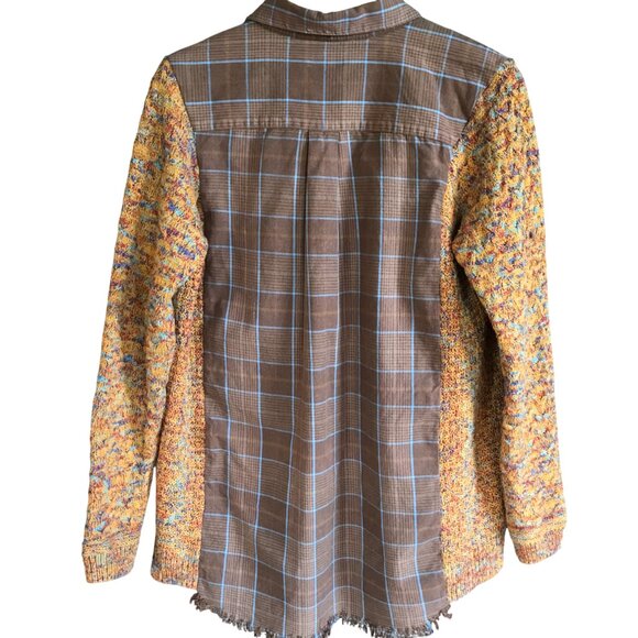 Upcycled Autumn Flannel Shirt, Sweater Sleeves: Plaid Button-Down Jacket Size L - Picture 2 of 10